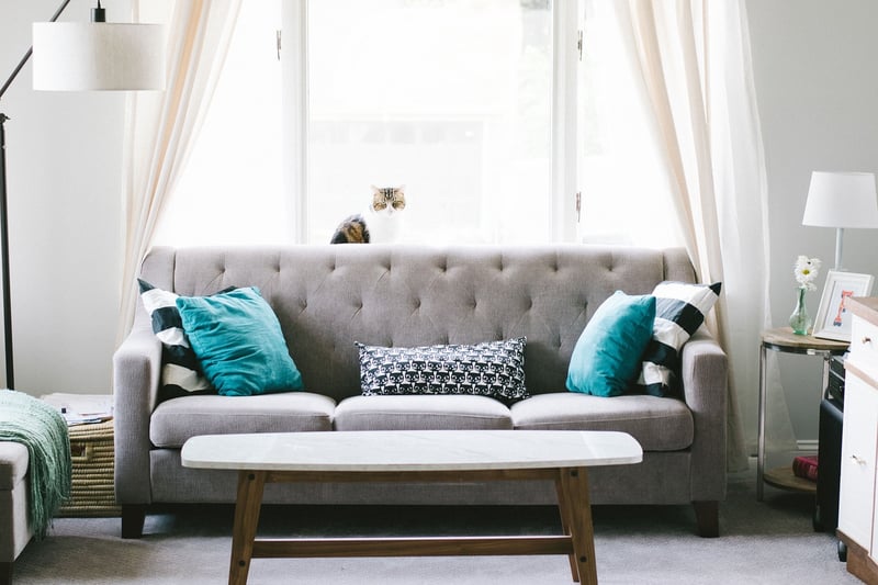 Vertical storage shelves in a living room